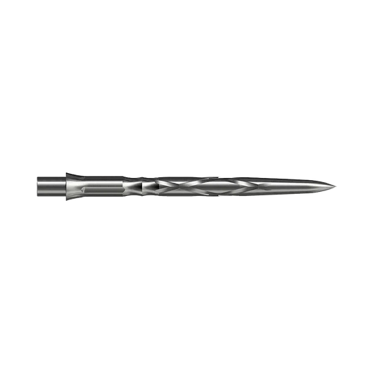 Dies ist eine silberne Steeldartspitze mit einem gedrehten Design. Sie ist lang und schlank, ideal für präzises Werfen.