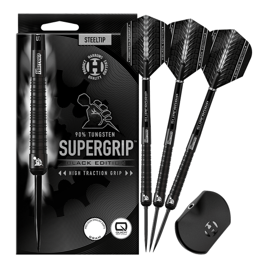 Harrows Supergrip 90 Black Edition Quick Point Steel Darts Harrows Supergrip 90 Black Edition Quick Point Steeldarts zeigen ein edles schwarzes Aussehen. Sie sind perfekt für ambitionierte Dartspieler geeignet.
