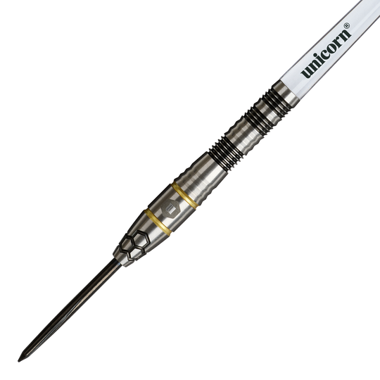 Unicorn Hexium Style 01 Black & Gold Steeldarts Auf diesem Foto sind die Unicorn Hexium Style 01 Black & Gold Steeldarts zu sehen. Die Darts heben sich durch ihr elegantes Design in Schwarz und Gold hervor.