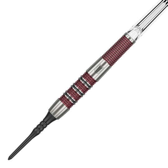 Das Bild zeigt einen Target Stephen Bunting 95K Softdart mit einem Gewicht von 19 Gramm. Der Dart hat ein silbernes und rotes Griffdesign mit einer schwarzen Softspitze.