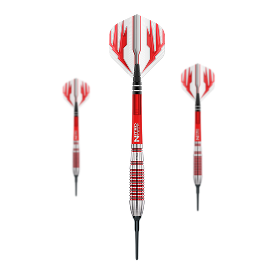 Red Dragon Reflex soft darts - 22 g Das Bild zeigt drei Red Dragon Reflex Softdarts mit einem Gewicht von 22 g. Die Darts haben rote und silberne Griffe sowie weiße Flights mit roten Mustern.