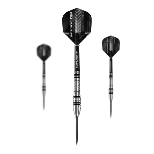 Harrows Supergrip Bomb Quick Point Steel Darts Dieses Bild präsentiert das Set der Harrows Supergrip Bomb Quick Point Steeldarts. Das Set enthält mehrere hochwertige Darts für das Spiel.