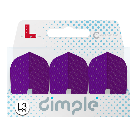 L-Style Flights Dimple Champagne L3PRO Shape Das Bild zeigt eine Verpackung mit drei lila Dart-Flights namens "L-Style Flights Dimple Champagne L3PRO Shape". Die Verpackung ist weiß mit blauen Punkten und gut lesbarer Produktbeschriftung.