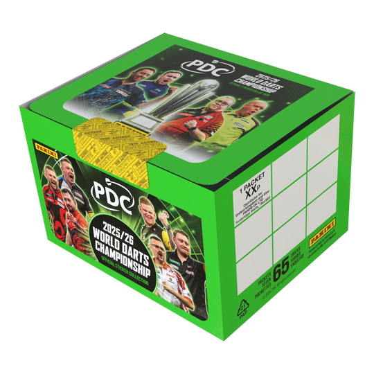 Panini PDC World Darts Championship 2025/26 - Sticker box with 65 packs Abgebildet ist die Panini PDC World Darts Championship 2025/26 Stickerbox mit 65 Tüten. Diese Box enthält Stickertüten zum Sammeln von Motiven des Darts-Turniers.