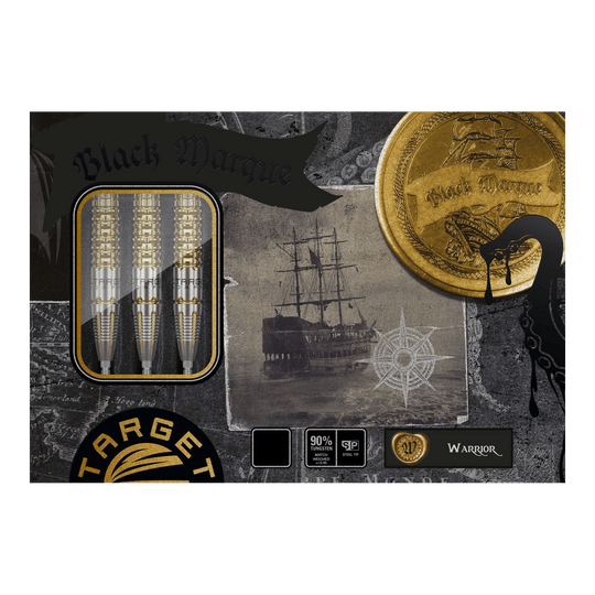Das Bild zeigt die Verpackung der "Target Black Marque Warrior Swiss Point Steeldarts". Auf der Verpackung sind außerdem ein altes Segelschiff, eine goldene Münze und drei Darts abgebildet.