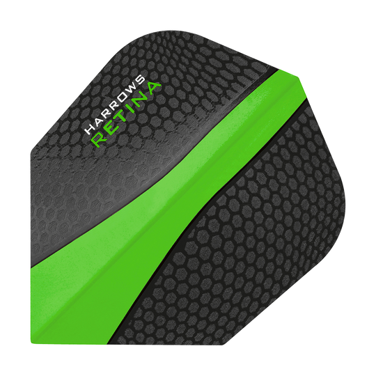 HR5508_Harrows_Retina_Gr-n_No2_Standard_Flights_1 Das Bild zeigt ein Harrows Retina Grün No6 Flight für Dartpfeile. Das Flight ist schwarz mit einer auffälligen grünen Linie und einem wabenförmigen Muster.