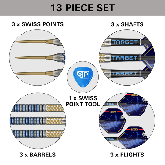 Target Josh Rock GEN1 Swiss Point Steel Darts Das Bild zeigt ein 13-teiliges Set des Produkts "Target Josh Rock GEN1 Swiss Point Steeldarts". Enthalten sind 3 Swiss Points, 3 Barrels, 3 Shafts, 3 Flights und 1 Swiss Point Tool.
