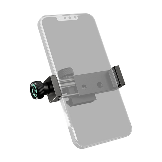 460003_Target_MOD_Mount_Handyhalterung_1 Die Abbildung zeigt den Target MOD Mount Handyhalterung, der an ein Smartphone befestigt ist. Die Halterung ist robust und wird mit einer Schraube befestigt.