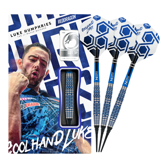 Red Dragon Luke Humphries TX5 Soft Darts - 20g Das Foto zeigt die Red Dragon Luke Humphries TX5 Softdarts - 20g in voller Länge. Sie sind für das Softdartspiel ausgelegt und wiegen 20 Gramm.