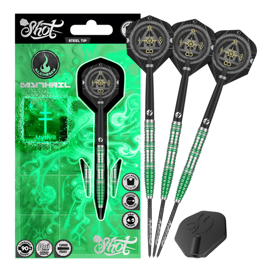 Zu sehen ist ein vollständiges Set Shot Alchemy Mythril TurboPoints Steeldarts. Die Struktur ist detailliert.