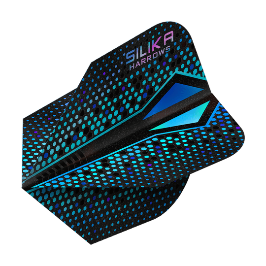 Das Bild zeigt einen Harrows Silika Colourshift Tough Crystalline Coating Blue-X No6 Flight. Das Dart-Flight hat ein schwarzes Design mit blauen und türkisfarbenen Punkten und geometrischen Mustern.