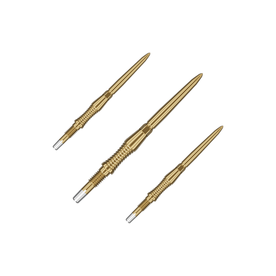 Das Bild zeigt ein Set von goldenen Target Swiss Point Dartspitzen Signature RST mit 30mm Länge. Die Spitzen sind ordentlich nebeneinander angeordnet.