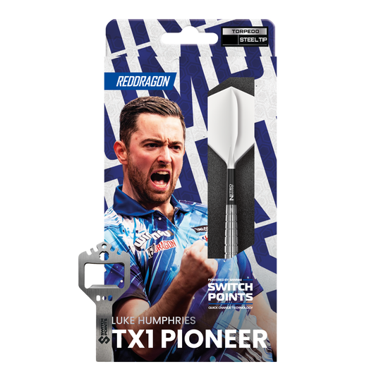 Red Dragon Luke Humphries TX1 Pioneer Switch Point Steel Darts Gezeigt werden die Red Dragon Luke Humphries TX1 Pioneer Switch Point Steeldarts. Das Produkt ist für anspruchsvolle Dartspieler gedacht.