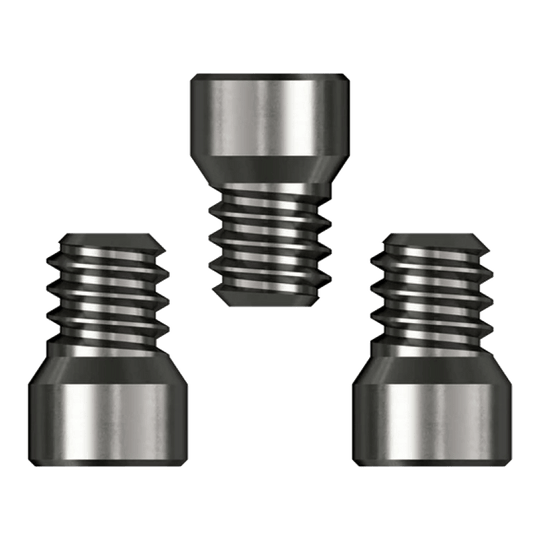 Caliburn System Spigots Das Bild zeigt drei Caliburn System Spigots mit einem Durchmesser von 2,33 mm. Sie sind aus Metall gefertigt und haben ein Gewinde auf einer Seite.