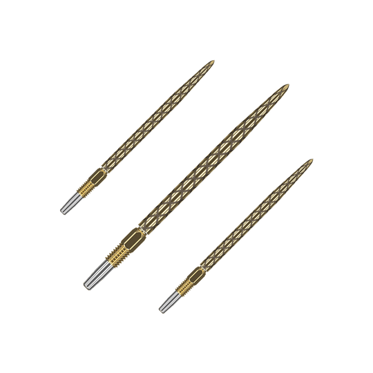 Target Swiss Diamond Pro Gold dart tips Das Bild zeigt drei goldfarbene Dartspitzen mit einem rautenförmigen Muster. Sie sind nebeneinander auf einem weißen Hintergrund angeordnet.