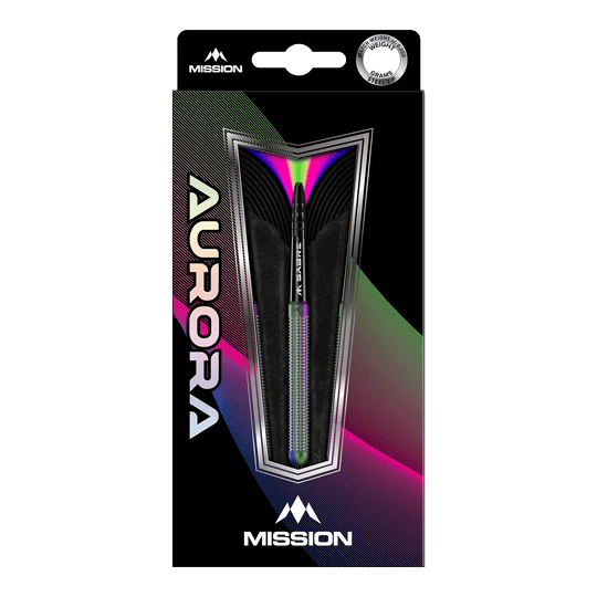 Die Abbildung zeigt die Mission Aurora Coral PVD Steeldarts mit einem Gewicht von 23g in ihrer Verpackung. Das Design der Verpackung ist modern und farbenfroh, mit auffälligen Regenbogen-Effekten.