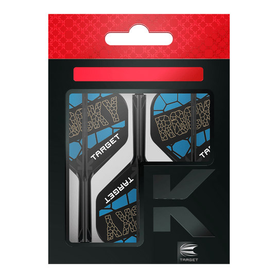 Das Bild zeigt das Produkt "Target K-Flex Josh Rock No2 Standard Flight-Shaft-System" in seiner Verpackung. Die Flights sind schwarz, blau und weiß gestaltet und tragen den Schriftzug "ROCKY" sowie "TARGET".