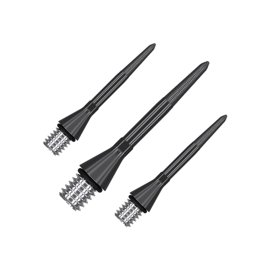 380160_Target_Titanium_Swiss_Point_Nano_Conversion_Points_Schwarz_26mm_1 Das Bild zeigt drei schwarze, spitze Metallstifte mit einem Gewinde am breiteren Ende. Sie sind gleich lang und liegen nebeneinander auf einem grünen Hintergrund.