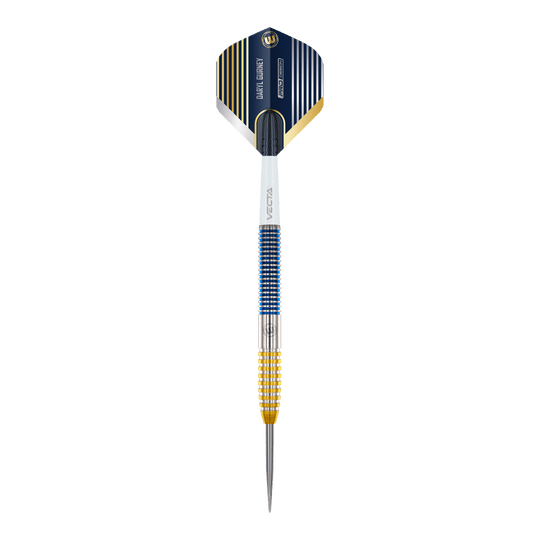 Winmau Daryl Gurney SC 1.0 Series Steeldarts - 23g Dies ist ein Winmau Daryl Gurney SC 1.0 Series Steeldart mit einem Gewicht von 23g. Der Dart hat ein auffälliges Design mit blauen, goldenen und silbernen Akzenten.