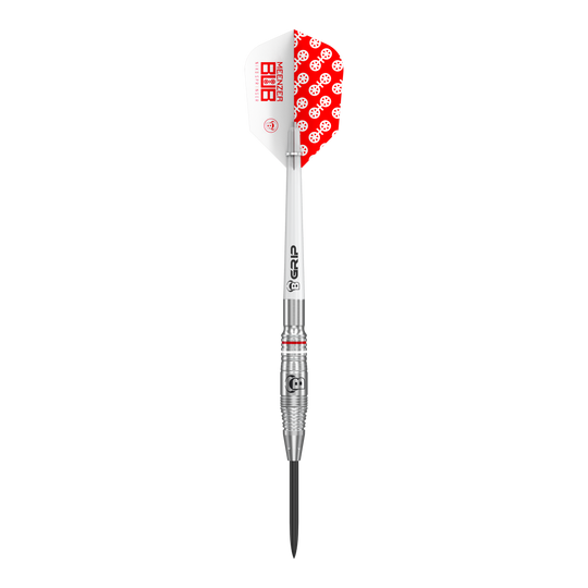 Bulls Niko Springer steel darts Der Bulls Niko Springer Steeldart hat ein silbernes Barrel mit feinen Rillen. Das Flight ist weiß und rot mit einem auffälligen Muster und dem Markenschriftzug.