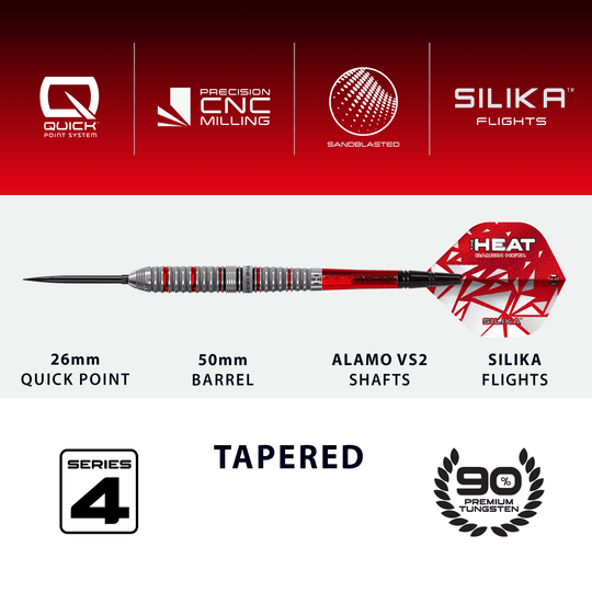 Harrow's Damon Heta Series 4 Quick Point steel darts Dieses Bild zeigt die Harrows Damon Heta Series 4 Quick Point Steeldarts. Sie sind für den Gebrauch beim Steeldartspiel konzipiert.