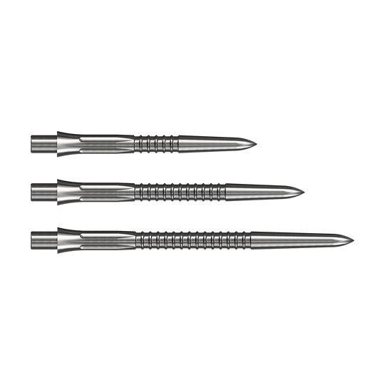 Auf dem Bild sieht man die Mission Caliburn EVO Dartspitzen GV1 in Silber. Die Spitzen sind für präzises Dartspiel konzipiert.