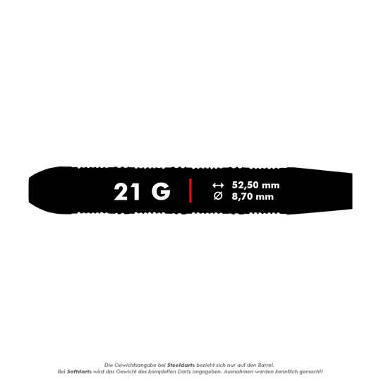 Unicorn Top Brass V3 Steeldarts - 21g Das Bild zeigt die Produktinformationen für die Unicorn Top Brass V3 Steeldarts mit einem Gewicht von 21 Gramm. Die Darts haben eine Länge von 52,50 mm und einen Durchmesser von 8,70 mm.
