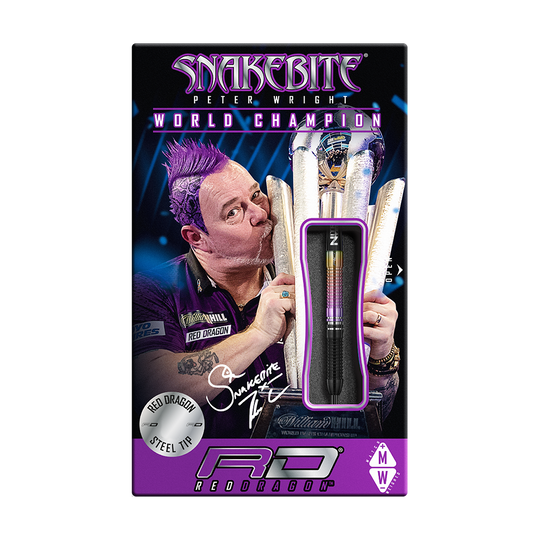 Auf der Verpackung sind die "Red Dragon Peter Wright Snakebite World Champion 2020 Edition Steeldarts" abgebildet. Das Design zeigt Peter Wright mit Pokal und den enthaltenen Dartpfeilen im Vordergrund.