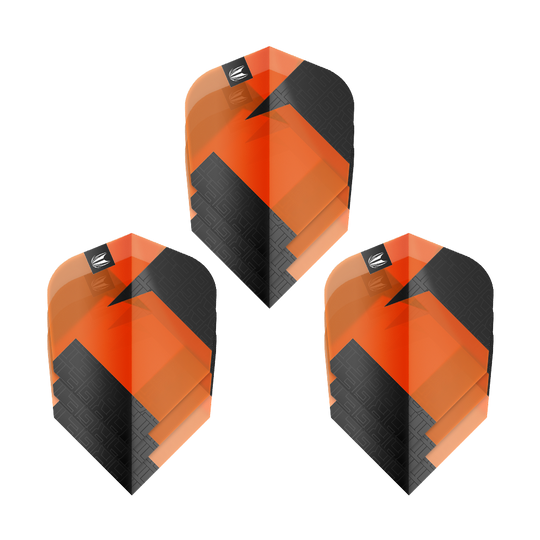 Target Pro Ultra TAG Orange Ten-X Standard Flights - 3 sets Das Bild zeigt drei Sets von Target Pro Ultra TAG Orange Ten-X Standard Flights. Die Flights sind orange und schwarz gestaltet und haben ein modernes, geometrisches Muster.