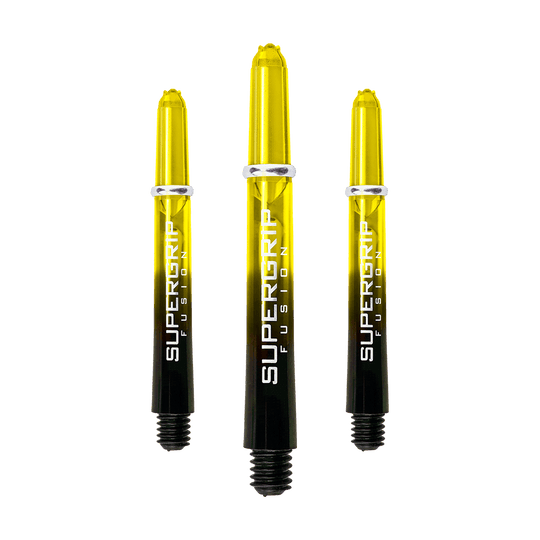 Das Bild zeigt drei gelb-schwarze Dartschäfte mit der Aufschrift "Supergrip Fusion". Die Schäfte sind das Produkt "Harrows Supergrip Fusion Shafts - Gelb".