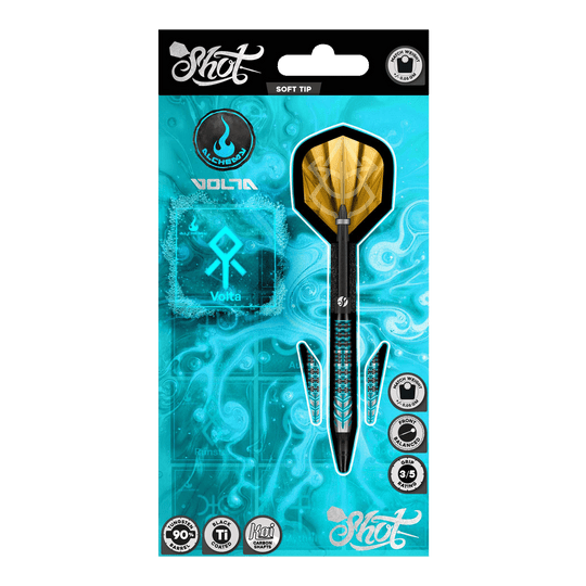 Shot Alchemy Volta Soft Darts - 20g Abgebildet sind die Shot Alchemy Volta Softdarts - 20g aus einer detaillierten Ansicht. Diese Softdarts eignen sich gut für das Dartspiel.