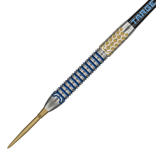 Target Josh Rock GEN1 Swiss Point Steel Darts Das Bild zeigt einen Target Josh Rock GEN1 Swiss Point Steeldart. Der Dartpfeil hat ein silbernes und blaues Design mit goldenen Akzenten und auffälliger Griffstruktur.