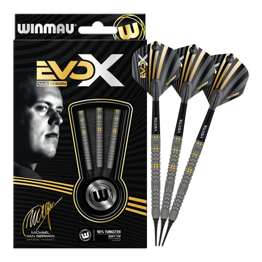 Das Bild zeigt das Produkt "Winmau Michael Van Gerwen Evo-X Softdarts - 20g" in seiner Verpackung. Neben der Verpackung sind drei zusammengebaute Softdarts mit schwarz-goldenem Design zu sehen.