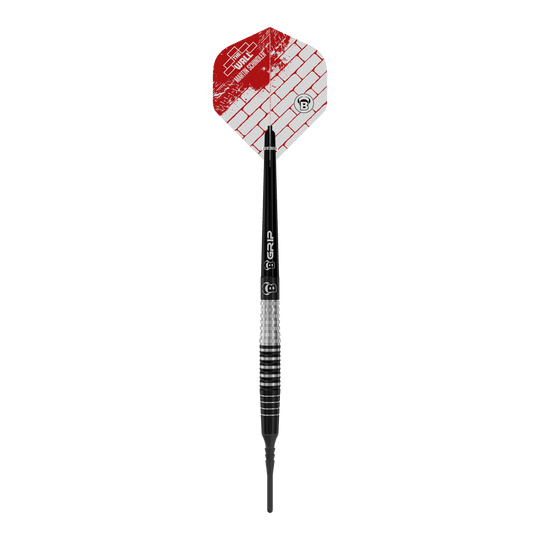 Bulls Martin Schindler Original Generation 3 soft darts Das Bild zeigt einen Bulls Martin Schindler Original Generation 3 Softdart. Der Dart hat eine schwarz-silberne Struktur mit einer roten und weißen Flights mit Ziegelmuster.