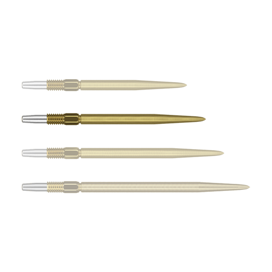 Target Swiss Point Nano Dart Tips - Gold Das Bild zeigt vier goldene Dartspitzen mit silbernem Befestigungsende, die nebeneinander liegen. Die Spitzen sind gleich lang und haben eine feine Riffelung entlang der gesamten Länge.