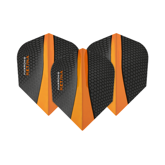 Das Bild zeigt drei Harrows Retina Orange No6 Flights für Dartpfeile. Sie sind in Schwarz und Orange gestaltet, mit einer wabenartigen Textur auf der Oberfläche.