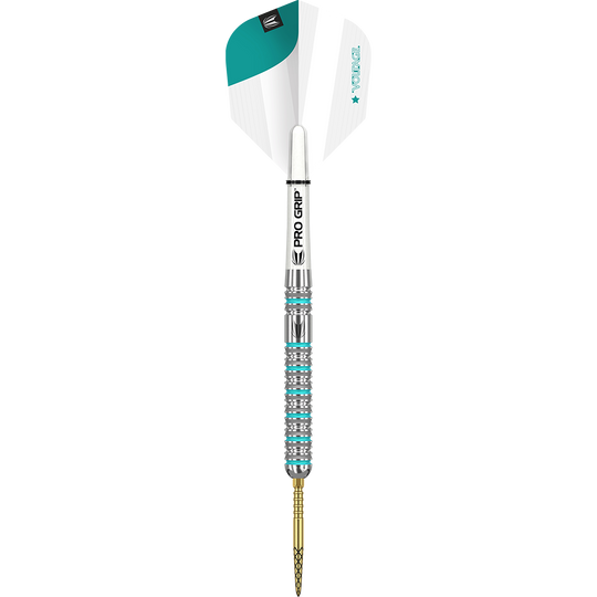 190095_Target_Rob_Cross_GEN2_Swiss_Point_Steeldarts_1pTX8iFwEyYNaG Das Bild zeigt einen Target Rob Cross GEN2 Swiss Point Steeldart. Der Dart ist silberfarben mit türkisen Akzenten und hat einen weißen Flight.