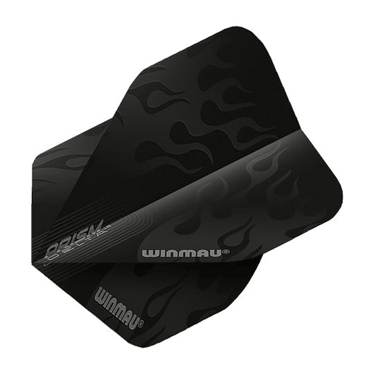 Das Bild zeigt das Produkt "Winmau Prism Delta 6915.202 Standard Flights". Die Flights sind schwarz mit einem Flammenmuster und dem Winmau-Logo bedruckt.