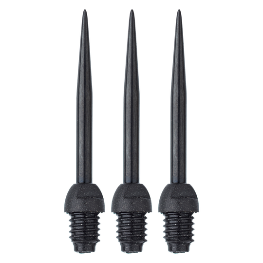 Winmau_Point-Converters Das Bild zeigt drei Winmau Carbon Point Converters, auch Conversion Points genannt. Sie sind schwarze Spitzen mit einem Schraubgewinde am unteren Ende.