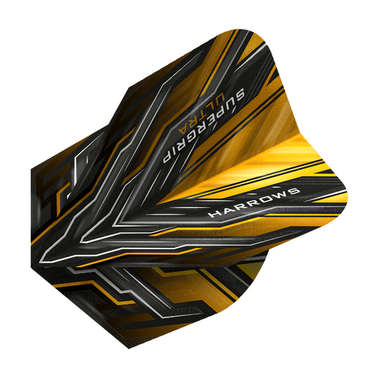 Das Bild zeigt ein Harrows Supergrip Ultra Sunset Gold Standard Flight für Darts. Das Flight ist in Schwarz, Gold und Silber gestaltet und trägt die Aufschriften "SUPERGRIP ULTRA" und "HARROWS".