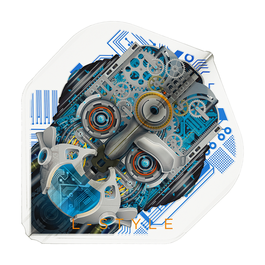 L-Style Berry Van Peer V3 Clear White L1EZ Flights Das Bild zeigt ein Dartflight mit einem detaillierten, mechanischen Roboterkopf auf weißem Hintergrund. Unten ist der Schriftzug "L-STYLE" in orange zu sehen.