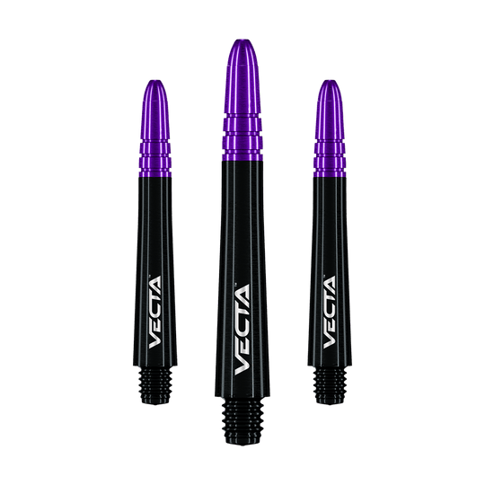 Das Bild zeigt drei Dartschäfte in Schwarz und Lila mit der Aufschrift "VECTA". Sie sind nebeneinander angeordnet und haben ein modernes, glänzendes Design.