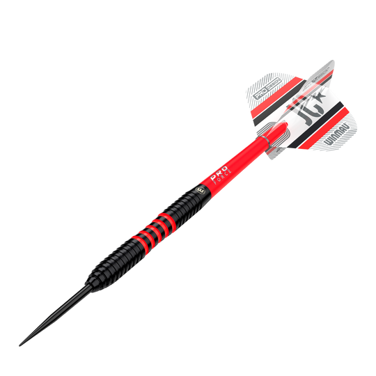 Winmau Joe Cullen 85 Pro-Series steel darts Das Bild zeigt einen Winmau Joe Cullen 85 Pro-Series Steeldart. Der Dart ist überwiegend schwarz und rot mit weißen und roten Akzenten an den Flights.