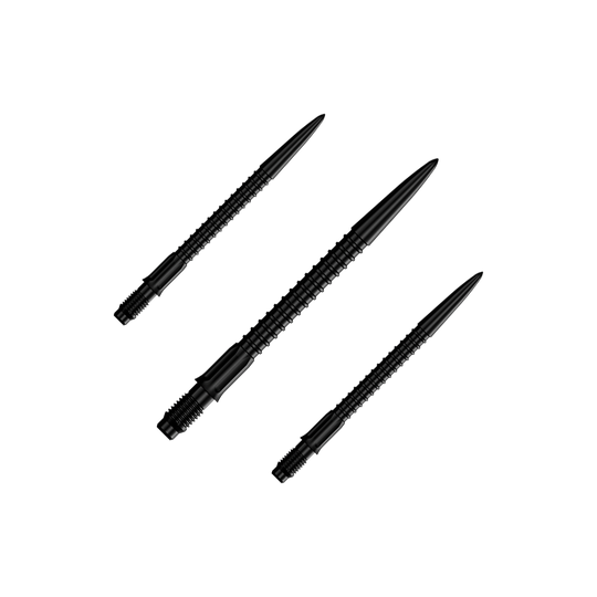 Mission R2.5 Rapid Point GV1 Dart Tips - Black Ein Set schwarzer Dartspitzen ist abgebildet. Die Spitzen sind für Darts und 30 mm lang.