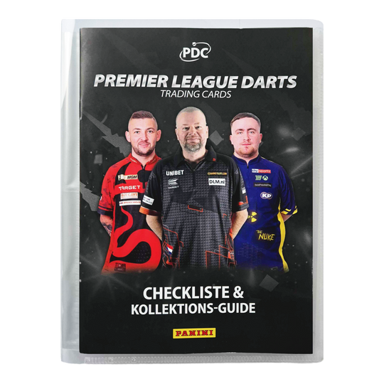 Panini Premier League Darts 2025 Collector's Binder Der Panini Premier League Darts 2025 Sammelordner ist auf dem Bild zu sehen. Der Ordner wird für das Sammeln und Aufbewahren von Darts-Stickern verwendet.