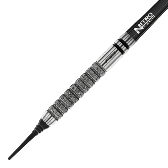 Red Dragon Gian Van Veen Tour Edition Softdarts - 20g Das Bild zeigt einen Red Dragon Gian Van Veen Tour Edition Softdart mit einem Gewicht von 20g. Der Dartpfeil hat eine silberne, stark gerillte Griffzone und einen schwarzen Schaft mit der Aufschrift "Nitro Tech".