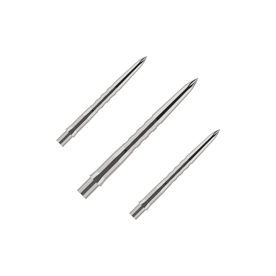Mission Caliburn EVO Dart Tips - Grooved - Silver Das Bild zeigt drei silberne, gerillte Spitzen für Steeldarts. Sie liegen nebeneinander auf einem grünen Hintergrund.