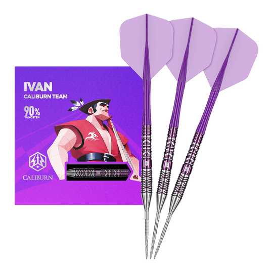 Abgebildet ist das komplette Set der Caliburn Awakening Ivan Steeldarts. Diese Steeldarts eignen sich ideal für anspruchsvolle Dartspieler.
