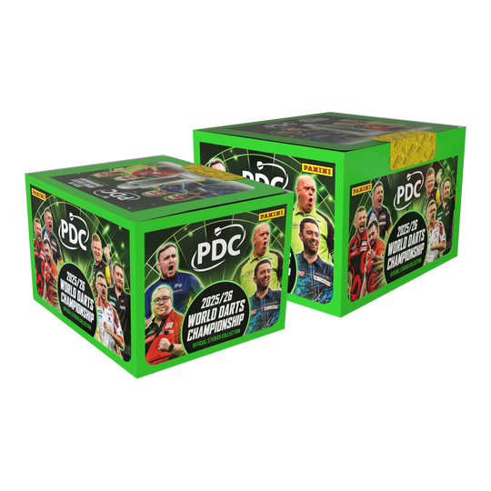 Das Bild stellt das Panini PDC World Darts Championship 2025/26 Hardcover Mega Bundle mit zwei Stickerboxen dar. Es bietet ein Hardcover-Sammelalbum und zwei Stickerboxen zum Sammeln.