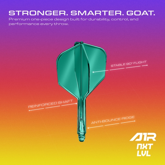 GOAT A1R No6 Flight Shaft System - Green Das Bild zeigt das GOAT A1R No6 Flight-Shaft-System in Grün. Es handelt sich um ein Dartzubehör für professionelle oder Hobbyspieler.